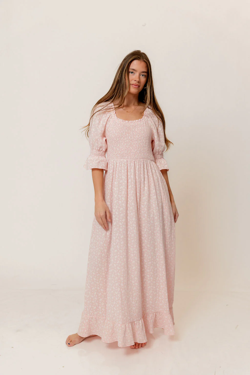 Sienna 100% Cotton Puff Sleeve Maxi Dress in Pale Pink Foliage - Bump Friendly - Image 2