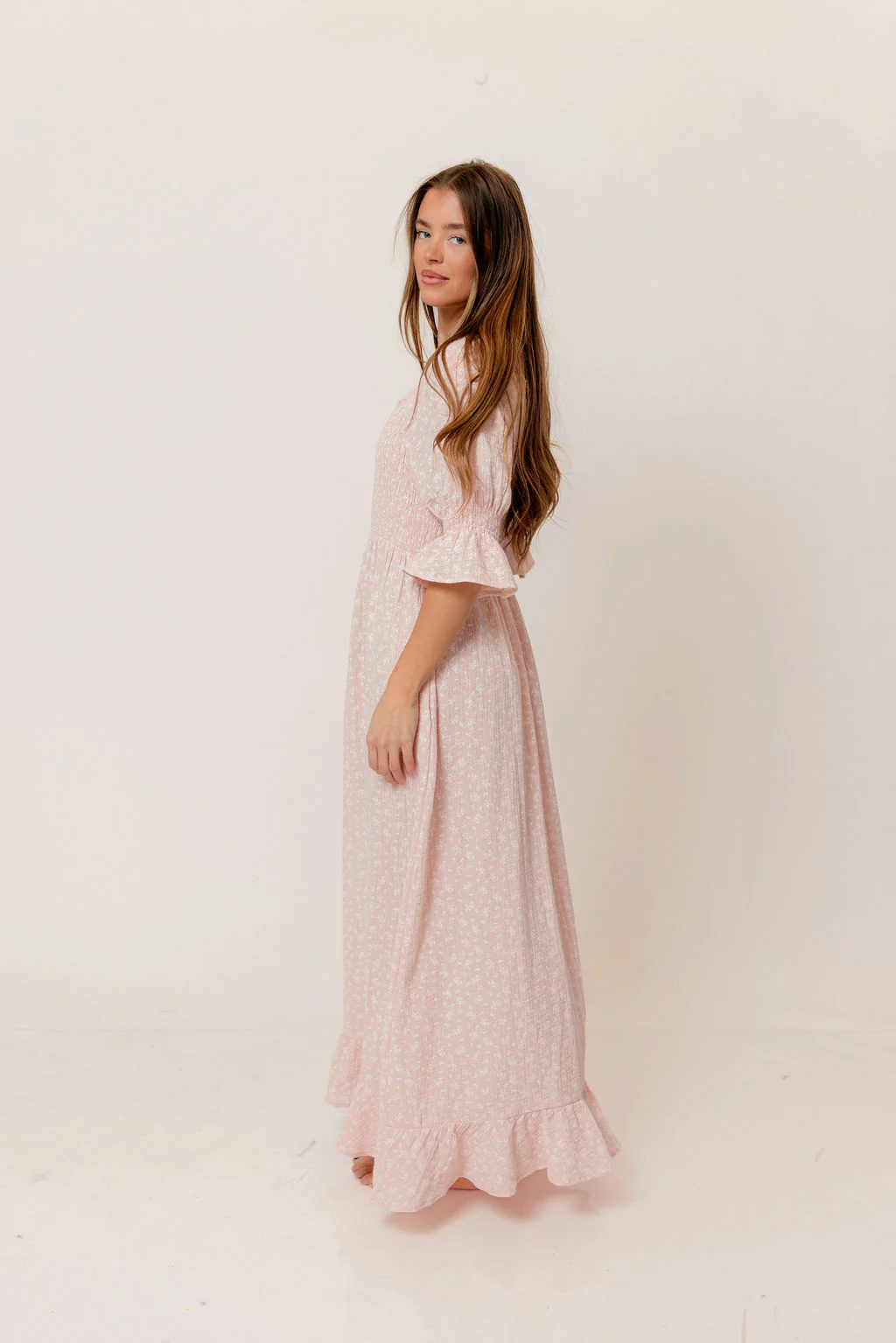 Sienna 100% Cotton Puff Sleeve Maxi Dress in Pale Pink Foliage - Bump Friendly - Image 3