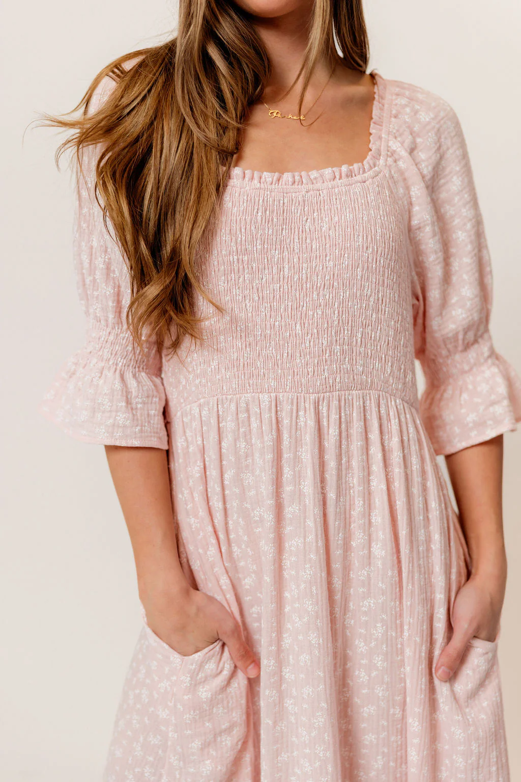 Sienna 100% Cotton Puff Sleeve Maxi Dress in Pale Pink Foliage - Bump Friendly - Image 4