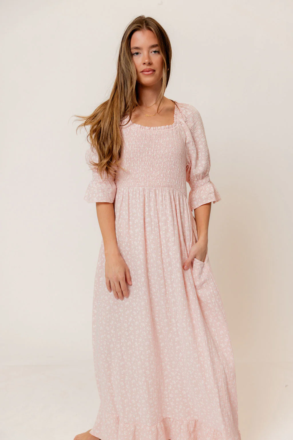 Sienna 100% Cotton Puff Sleeve Maxi Dress in Pale Pink Foliage - Bump Friendly - Image 5