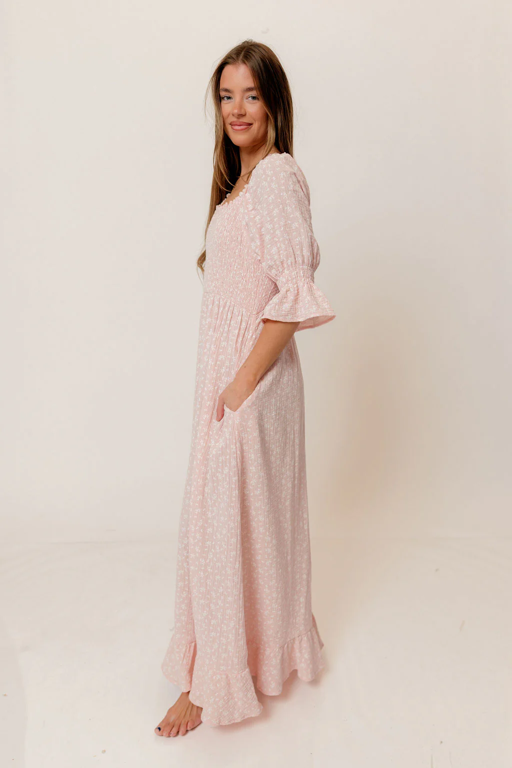 Sienna 100% Cotton Puff Sleeve Maxi Dress in Pale Pink Foliage - Bump Friendly - Image 6