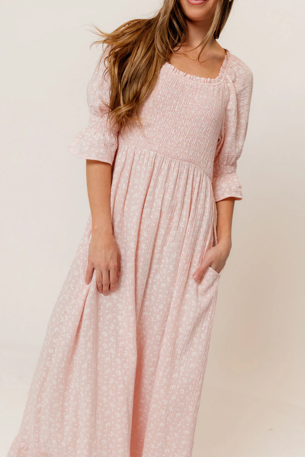 Sienna 100% Cotton Puff Sleeve Maxi Dress in Pale Pink Foliage - Bump Friendly - Image 7
