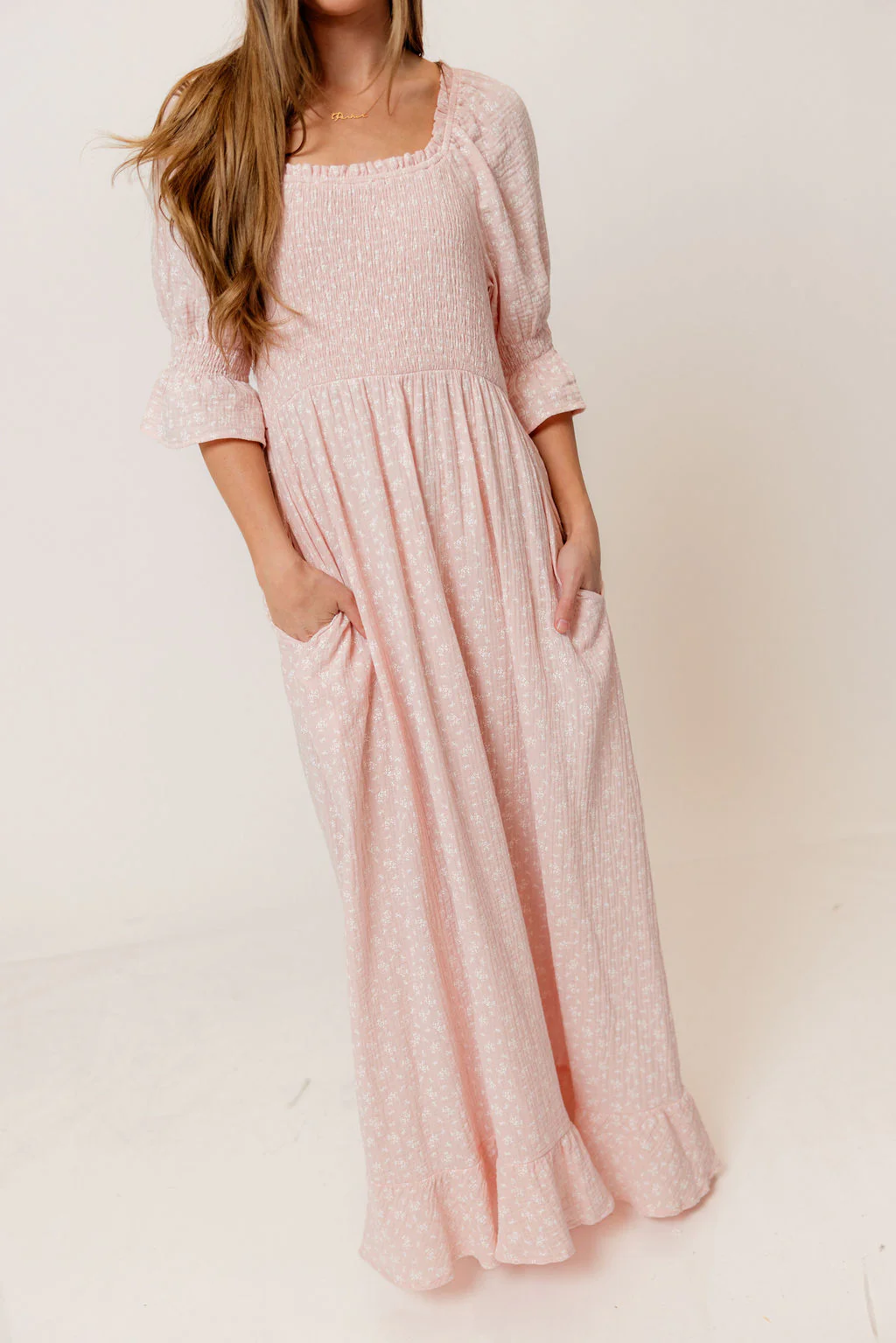 Sienna 100% Cotton Puff Sleeve Maxi Dress in Pale Pink Foliage - Bump Friendly - Image 8