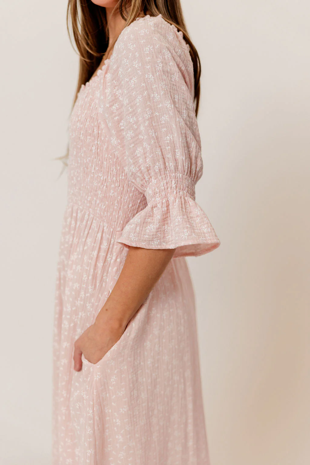 Sienna 100% Cotton Puff Sleeve Maxi Dress in Pale Pink Foliage - Bump Friendly - Image 9