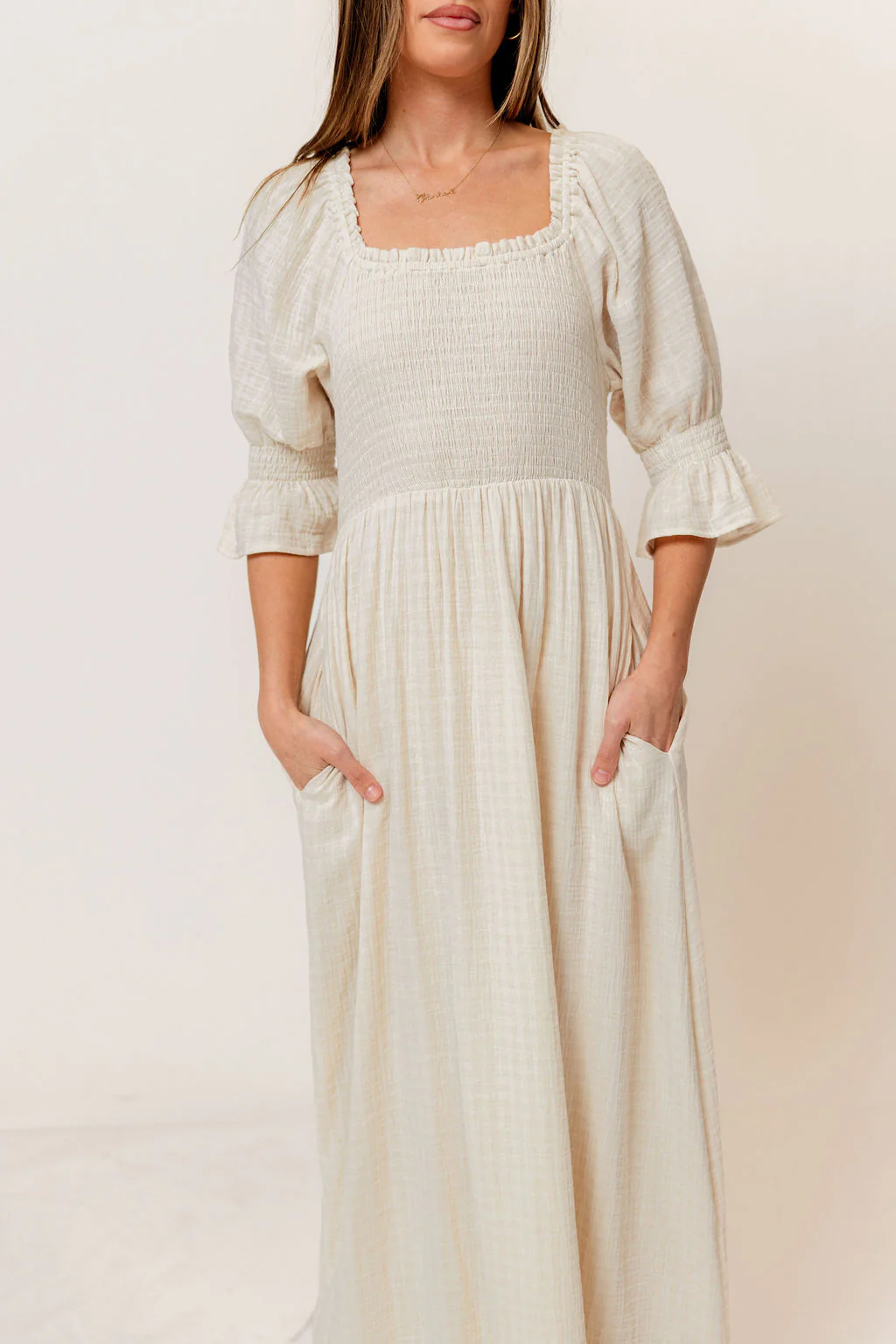 Sienna 100% Cotton Puff Sleeve Maxi Dress in Mute Pale Pink Plaid (Lined) - Bump Friendly - Image 2
