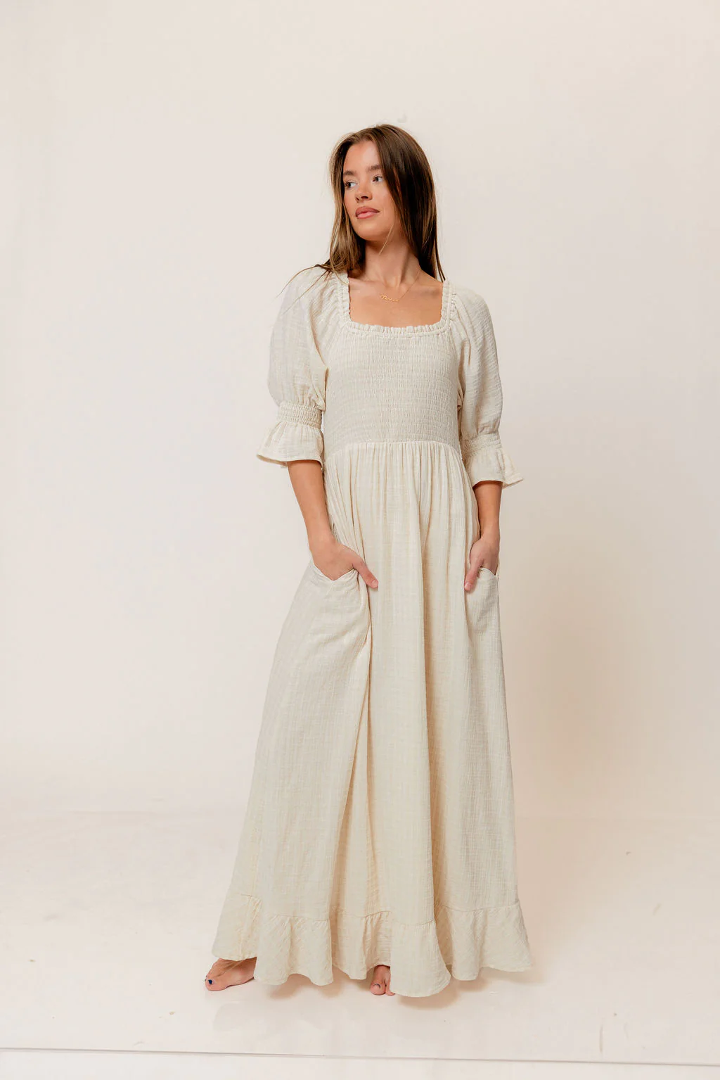 Sienna 100% Cotton Puff Sleeve Maxi Dress in Mute Pale Pink Plaid (Lined) - Bump Friendly - Image 3
