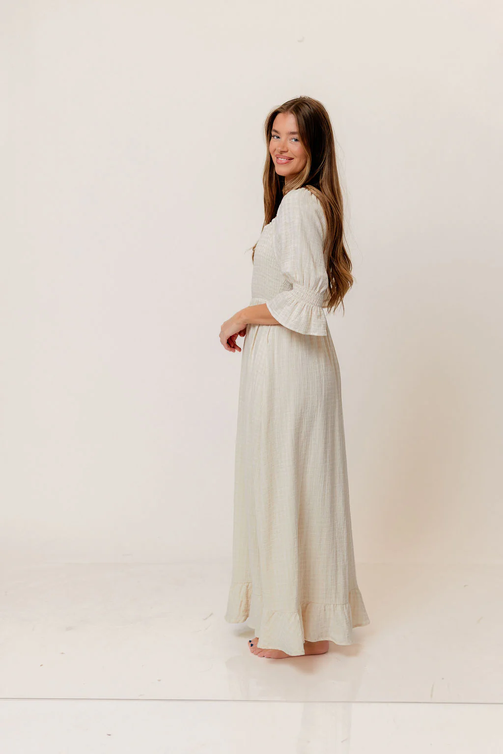 Sienna 100% Cotton Puff Sleeve Maxi Dress in Mute Pale Pink Plaid (Lined) - Bump Friendly - Image 4