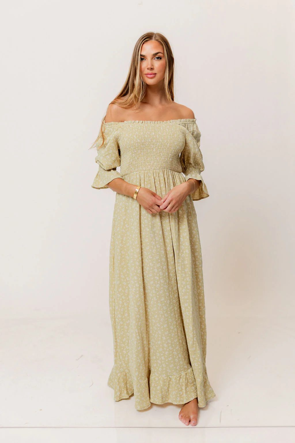 Sienna 100% Cotton Puff Sleeve Maxi Dress in Green Haze Foliage - Bump Friendly