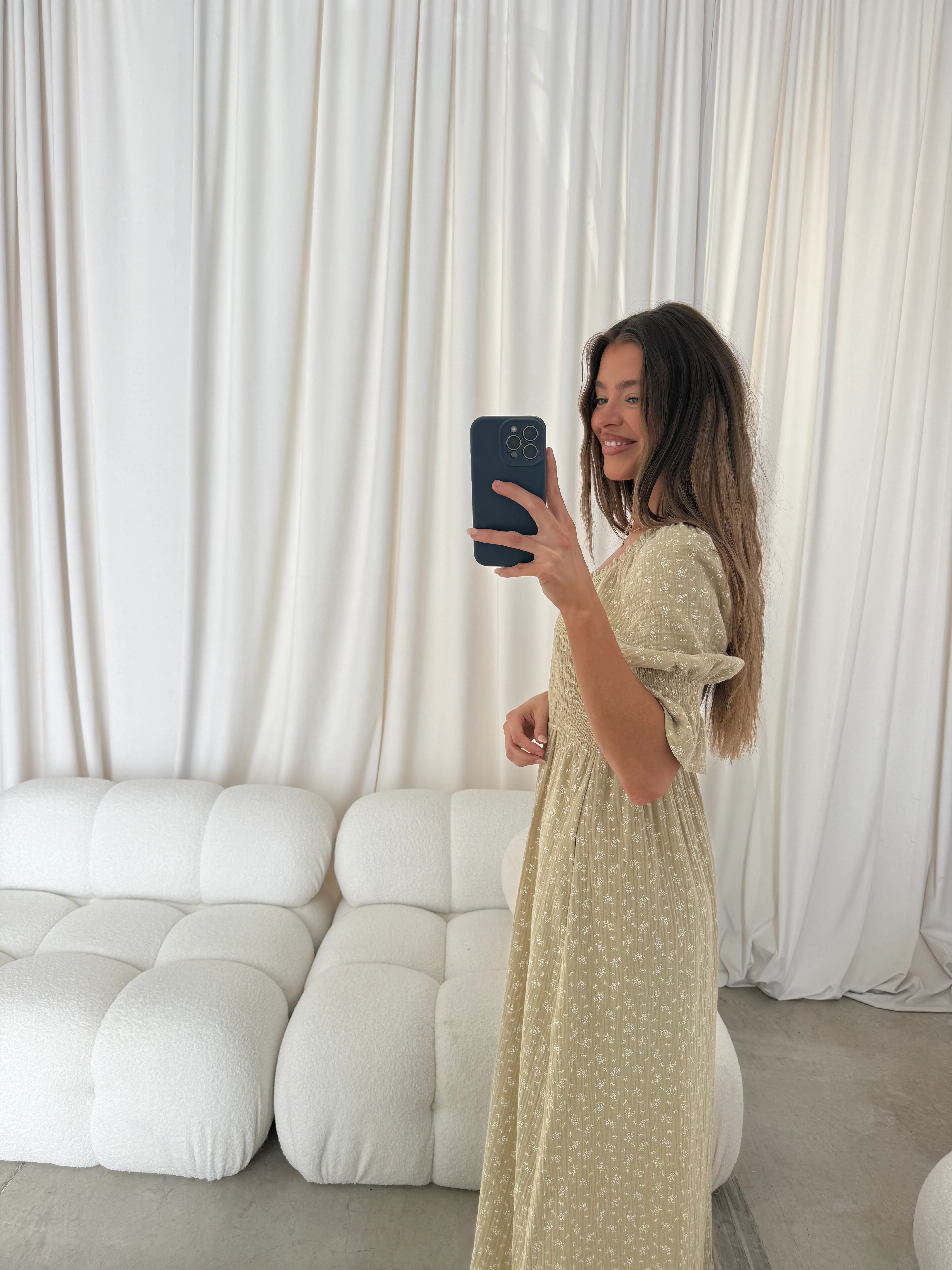 Sienna 100% Cotton Puff Sleeve Maxi Dress in Green Haze Foliage - Bump Friendly - Image 10