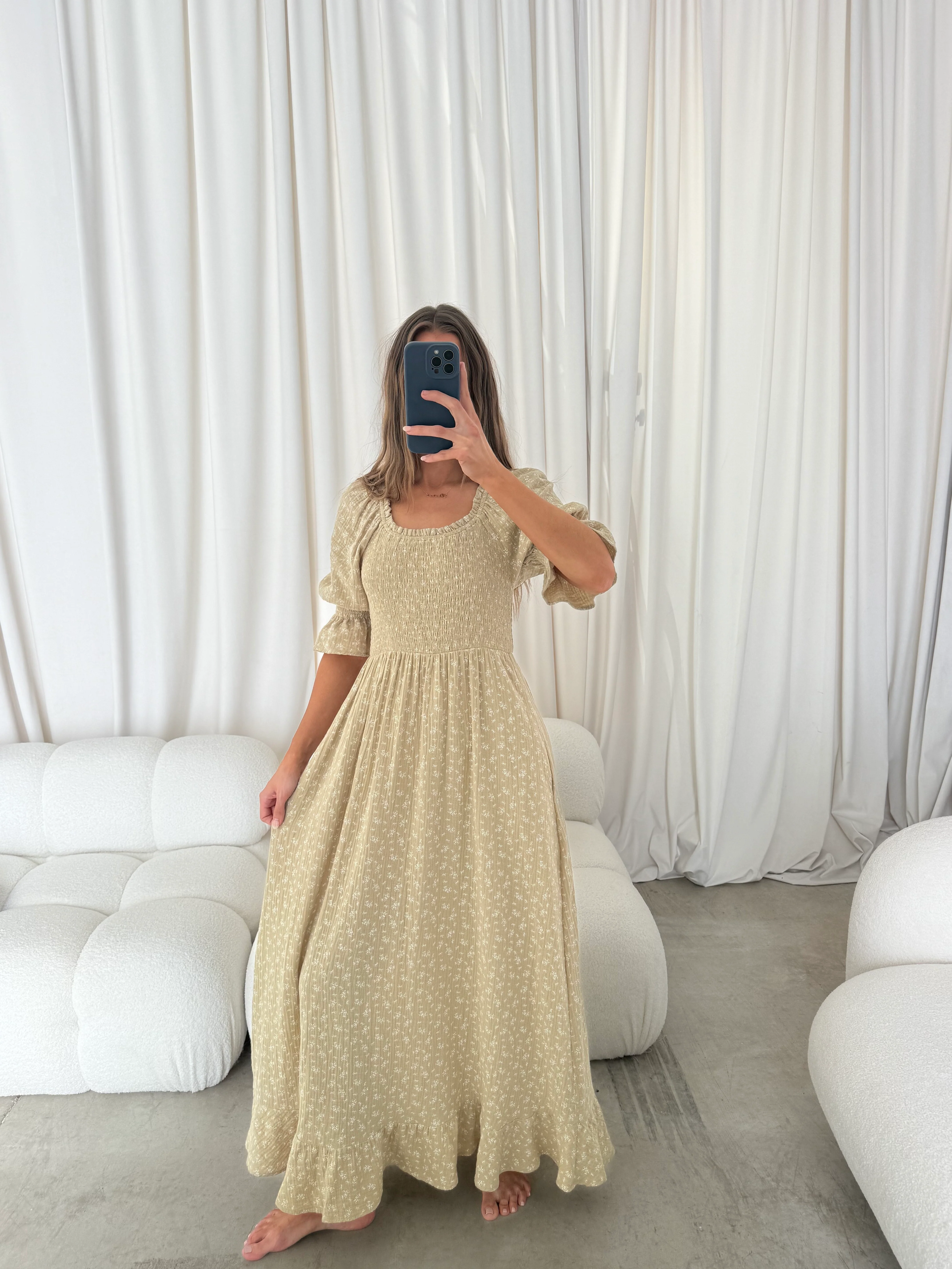 Sienna 100% Cotton Puff Sleeve Maxi Dress in Green Haze Foliage - Bump Friendly - Image 11
