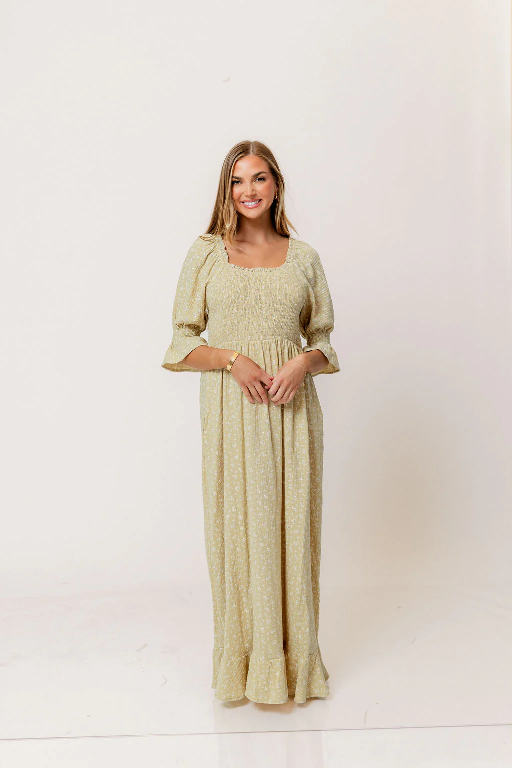 Sienna 100% Cotton Puff Sleeve Maxi Dress in Green Haze Foliage - Bump Friendly - Image 3