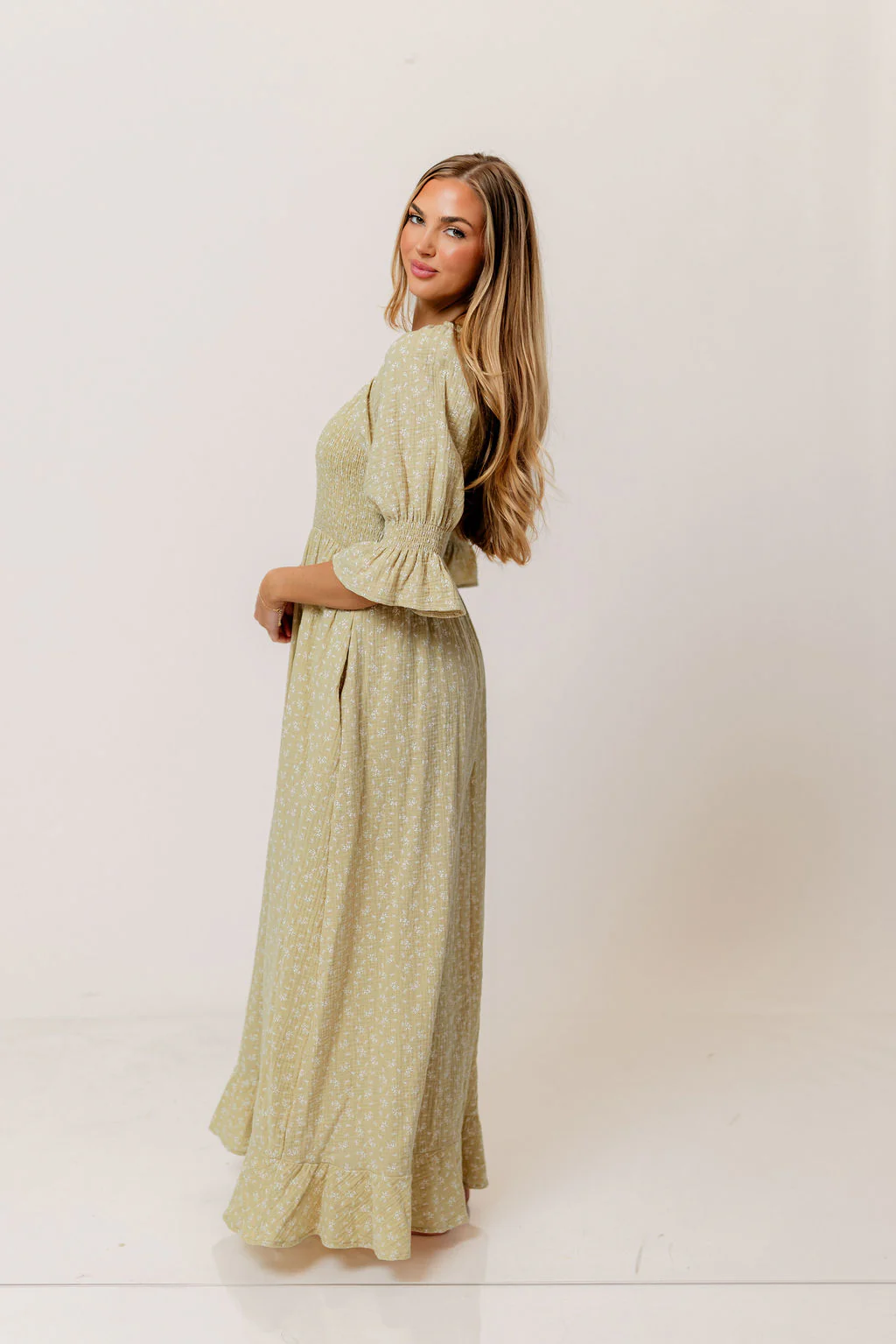 Sienna 100% Cotton Puff Sleeve Maxi Dress in Green Haze Foliage - Bump Friendly - Image 4