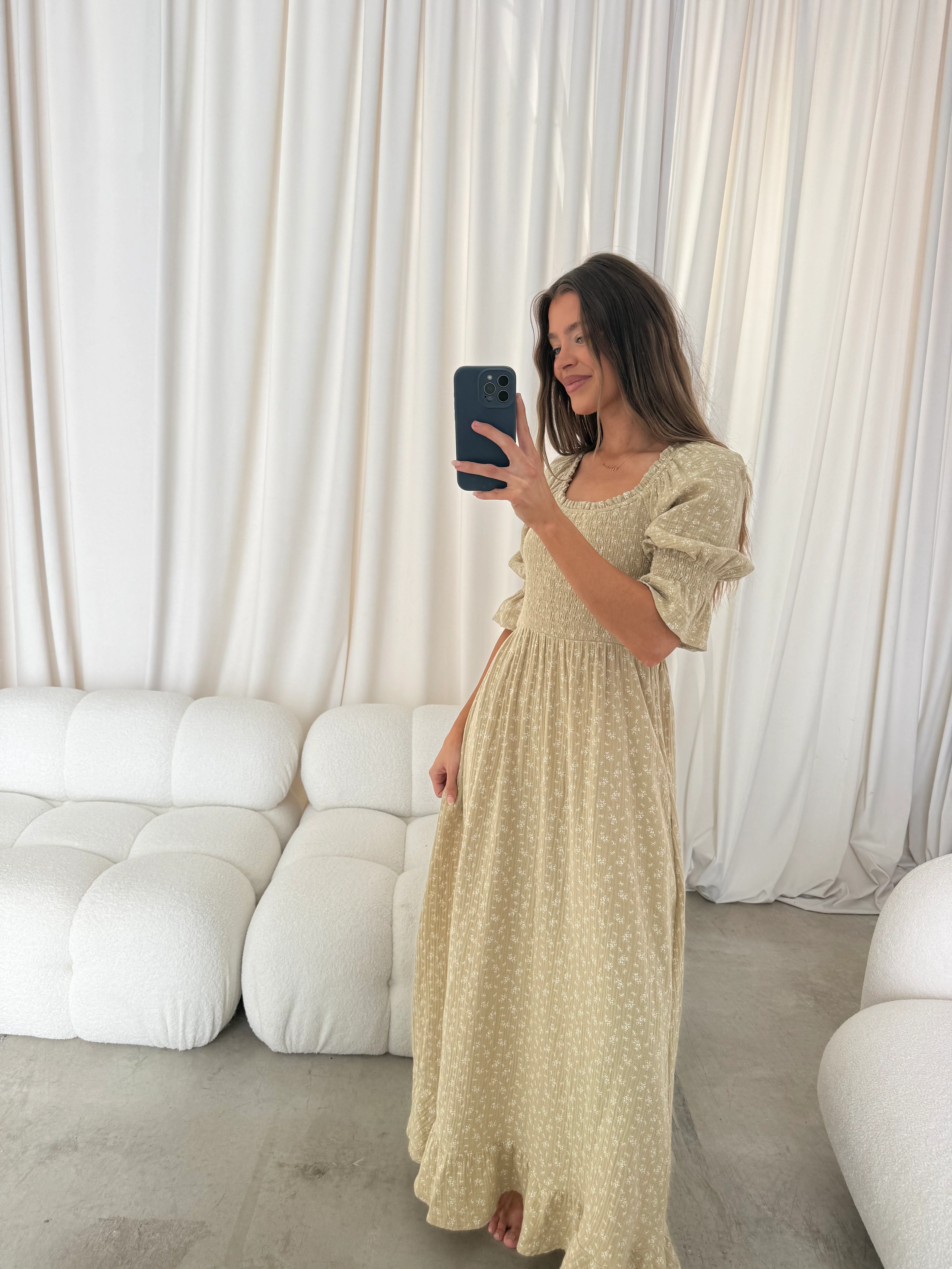 Sienna 100% Cotton Puff Sleeve Maxi Dress in Green Haze Foliage - Bump Friendly - Image 9