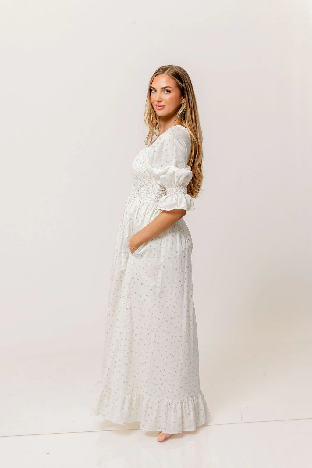 Sienna 100% Cotton Puff Sleeve Maxi Dress in Ivory Floral (Lined) - Bump Friendly - Image 2