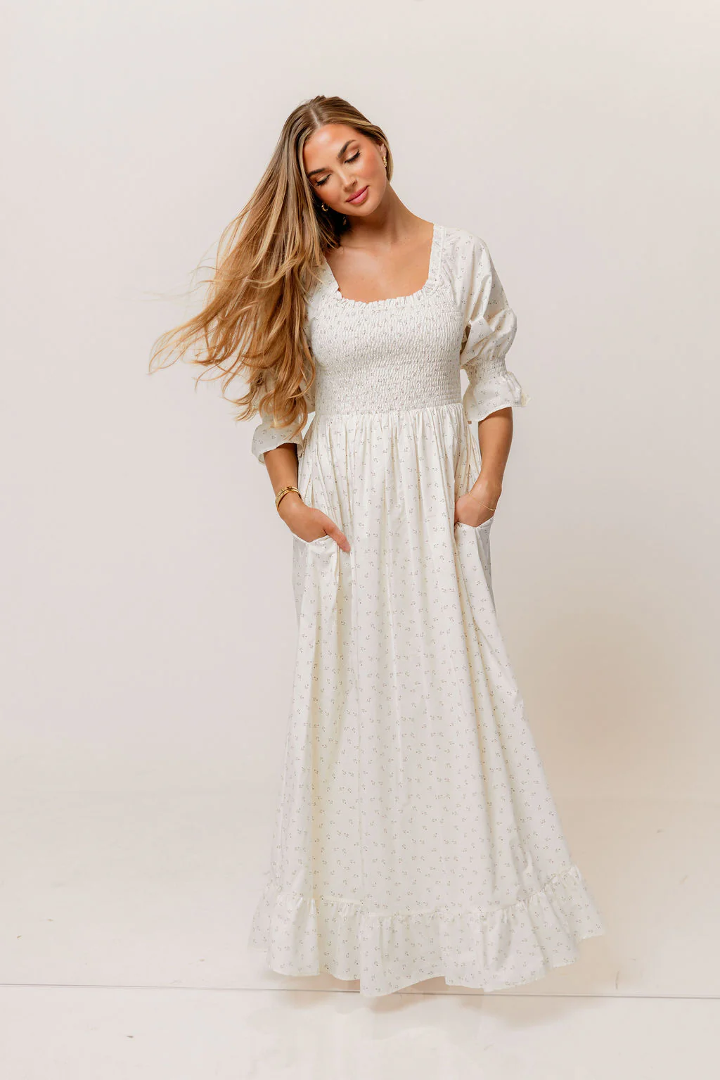 Sienna 100% Cotton Puff Sleeve Maxi Dress in Ivory Floral (Lined) - Bump Friendly - Image 4