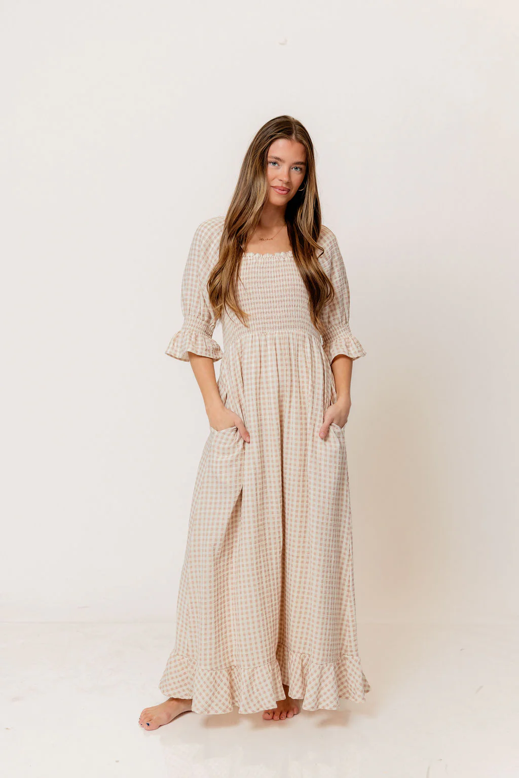 Sienna 100% Cotton Puff Sleeve Maxi Dress in Rose Plaid (Lined) - Bump Friendly - Image 2