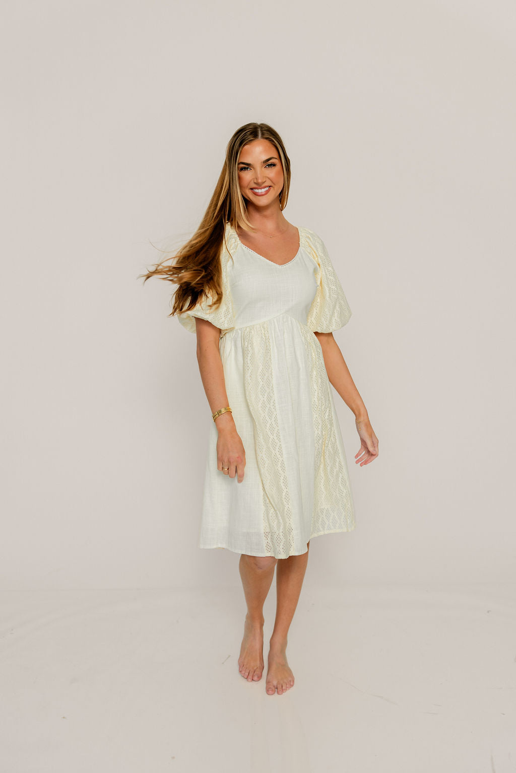 Sonia Lace Detail Puff Sleeve Mini Dress in Cream - Image 3