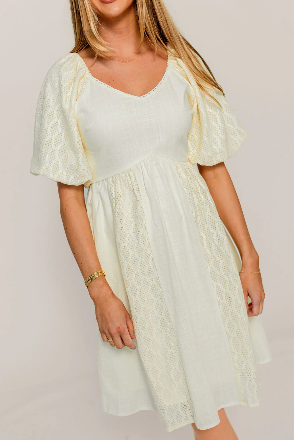 Sonia Lace Detail Puff Sleeve Mini Dress in Cream - Image 5
