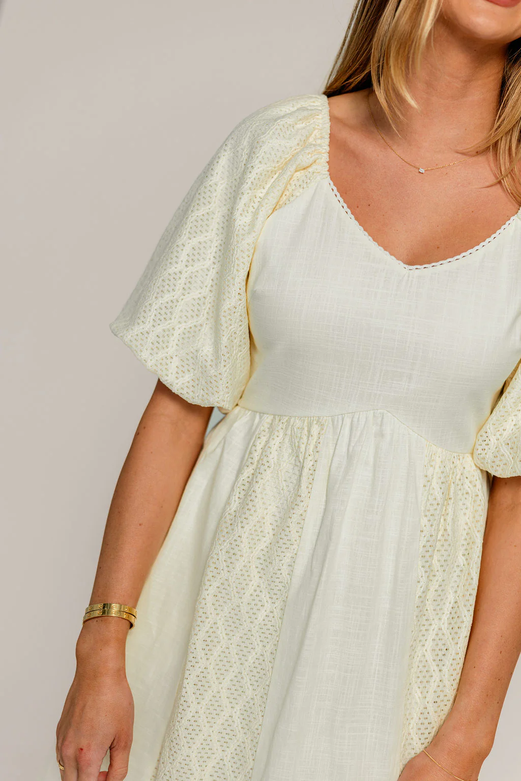 Sonia Lace Detail Puff Sleeve Mini Dress in Cream - Image 6