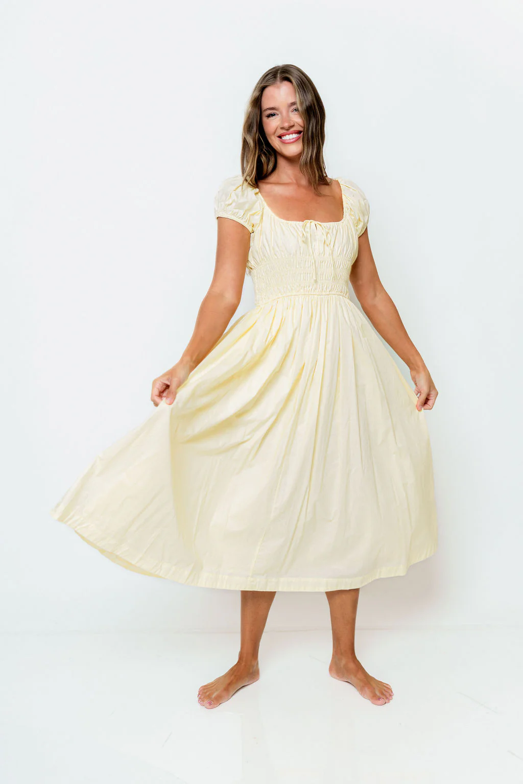 Sophia 100% Cotton Midi Dress in Butter Yellow