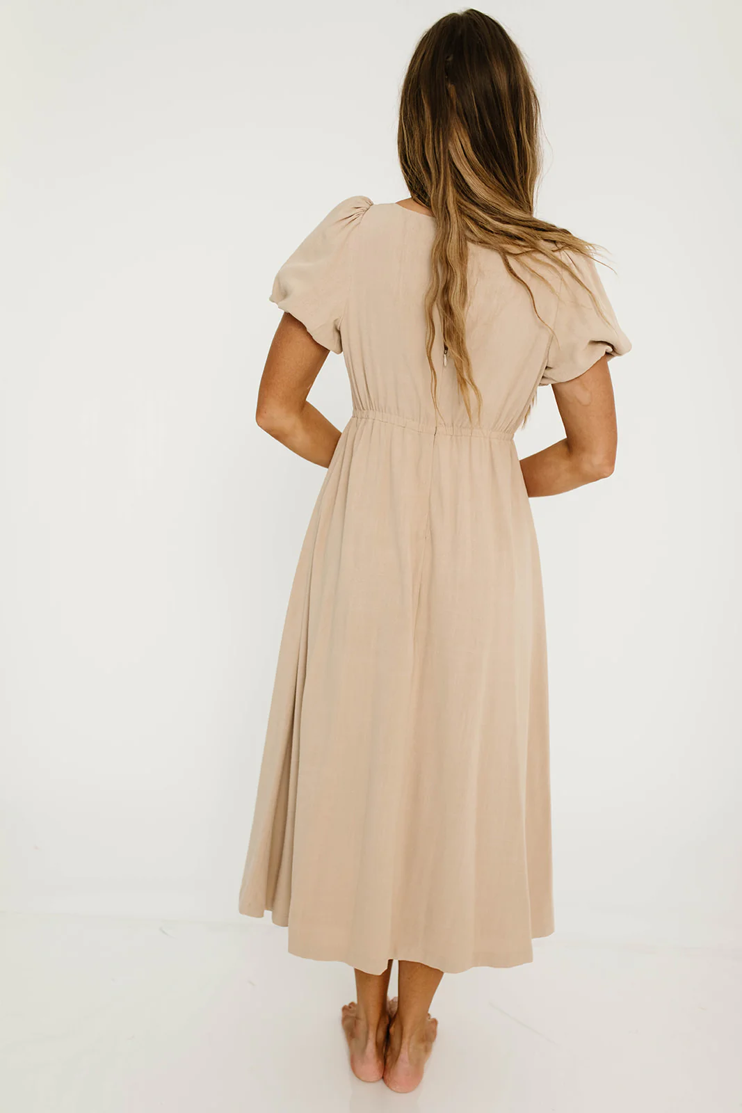 Ainsley Square Neck Midi Dress with Puffed Sleeves in Oat - Bump Friendly - Image 16