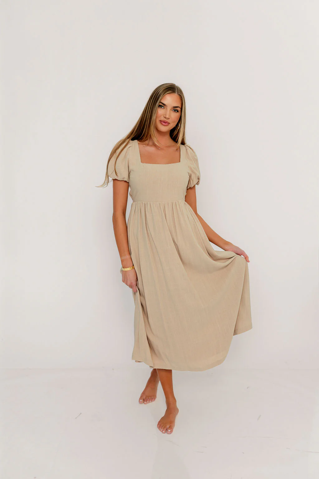 Ainsley Square Neck Midi Dress with Puffed Sleeves in Oat - Bump Friendly - Image 2