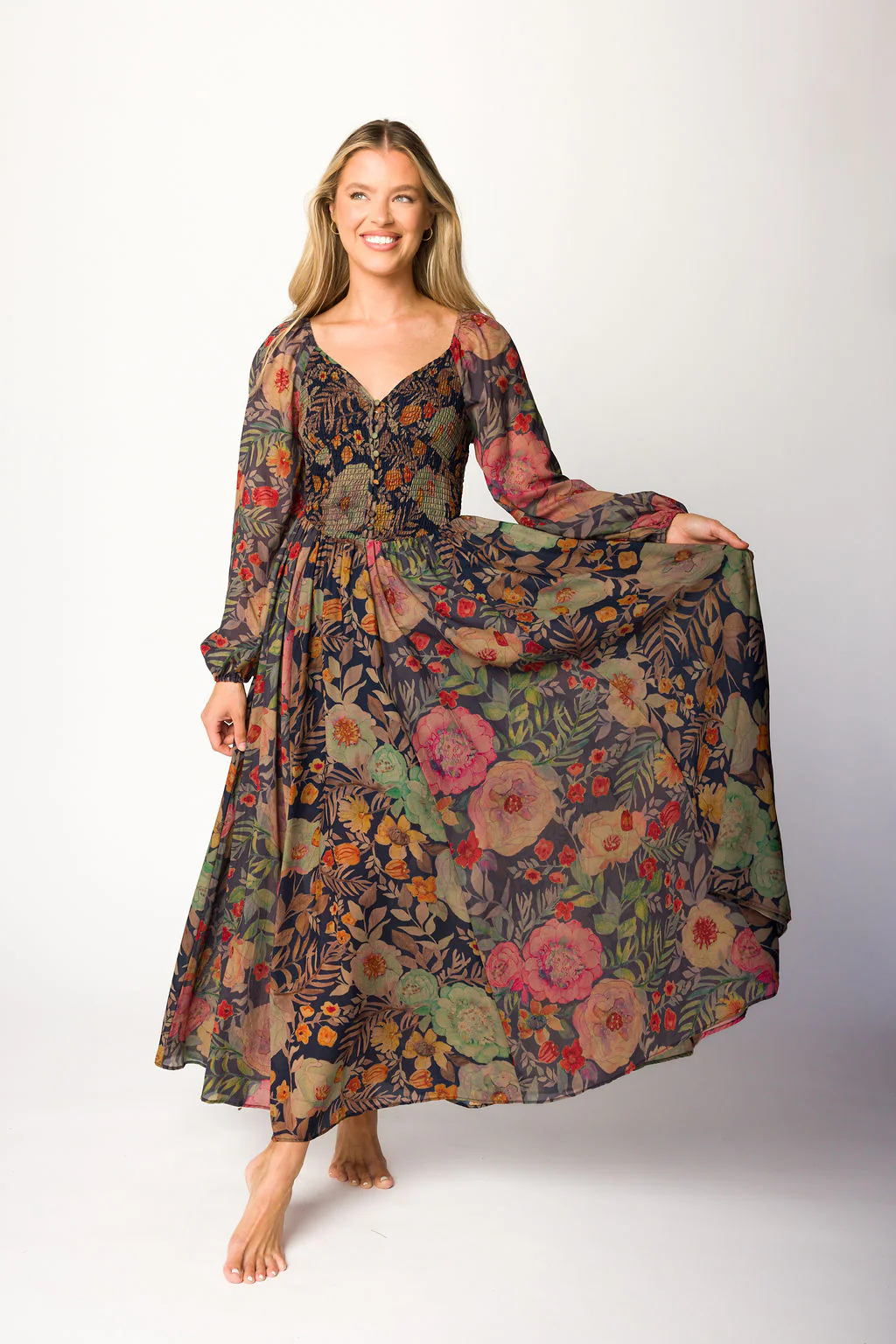Steph Smocked Button-Front Maxi Dress in Midnight Floral *Final Sale* - Image 10