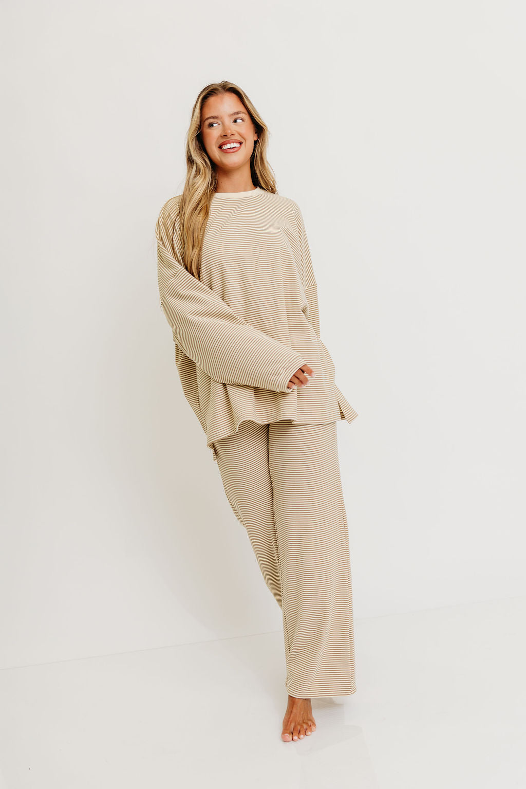 Campbell Striped Fleece Lounge Pants in Beige - Image 3