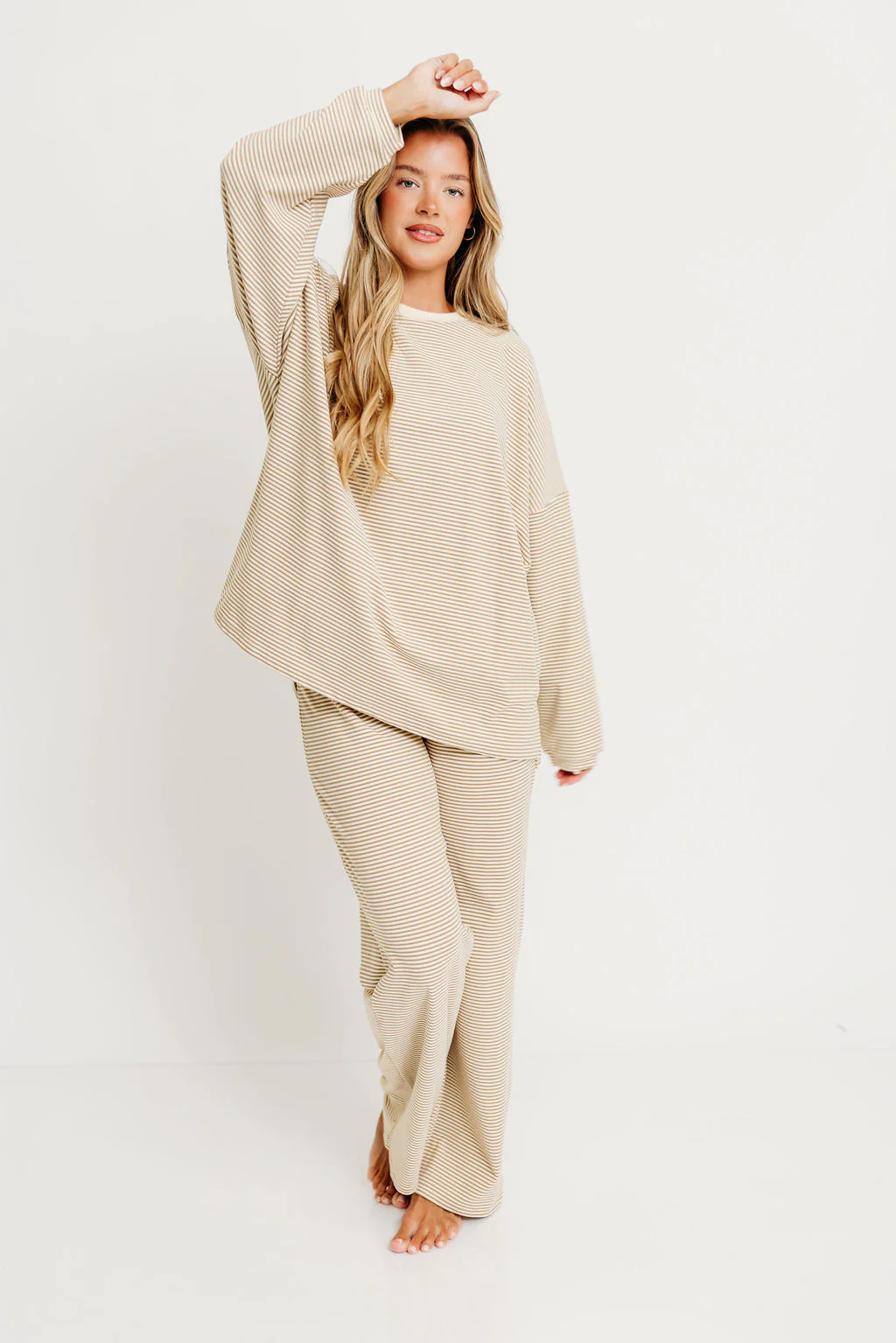 Campbell Striped Fleece Lounge Pants in Beige - Image 9