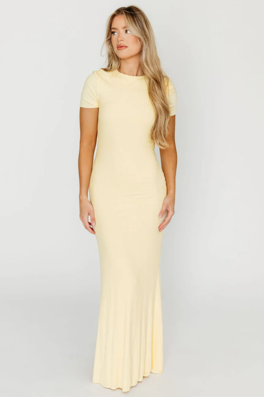The Charlie Ribbed Maxi Dress in Butter Yellow - Bump Friendly - Image 3