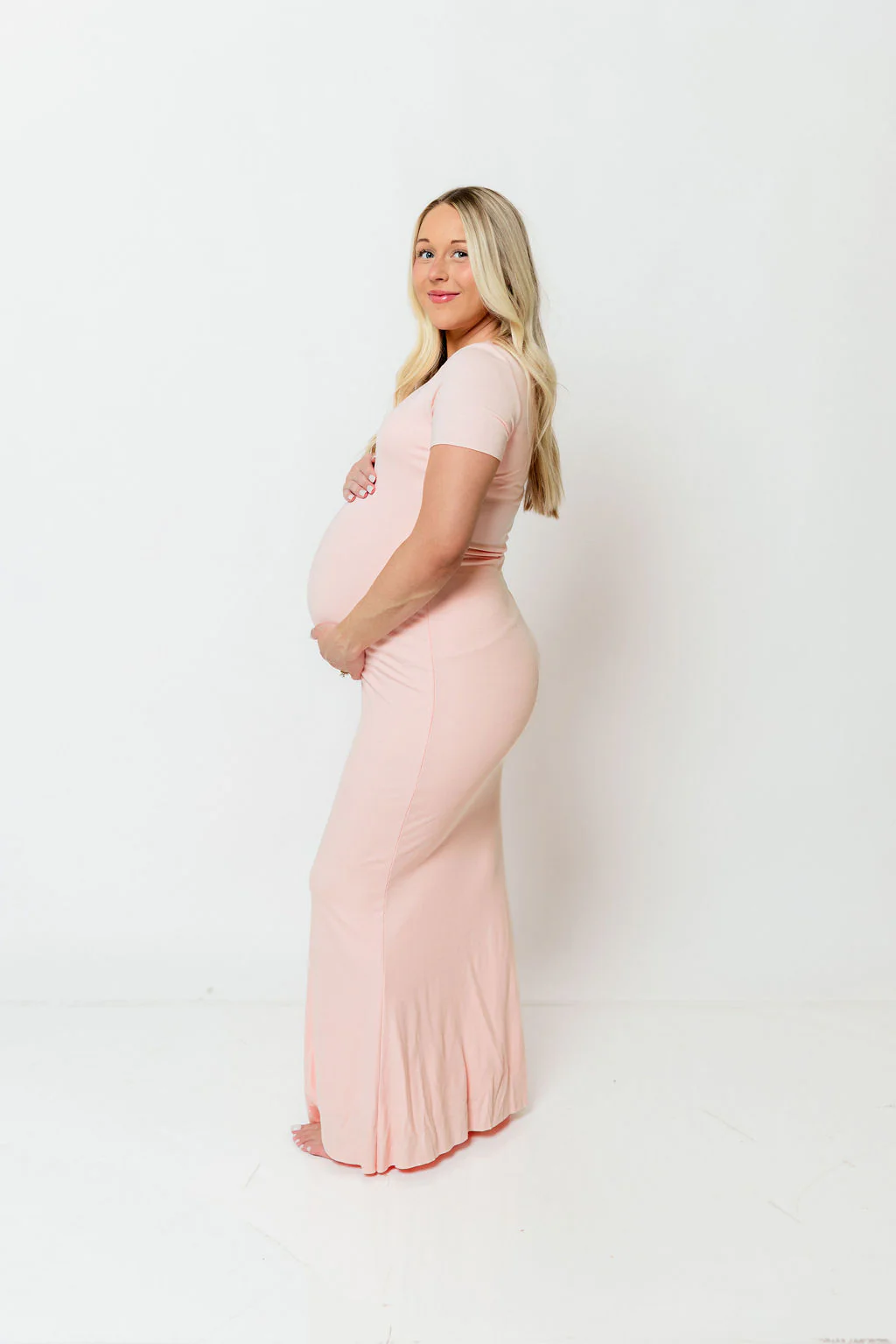 The Charlie Ribbed Maxi Dress in Baby Pink - Bump Friendly