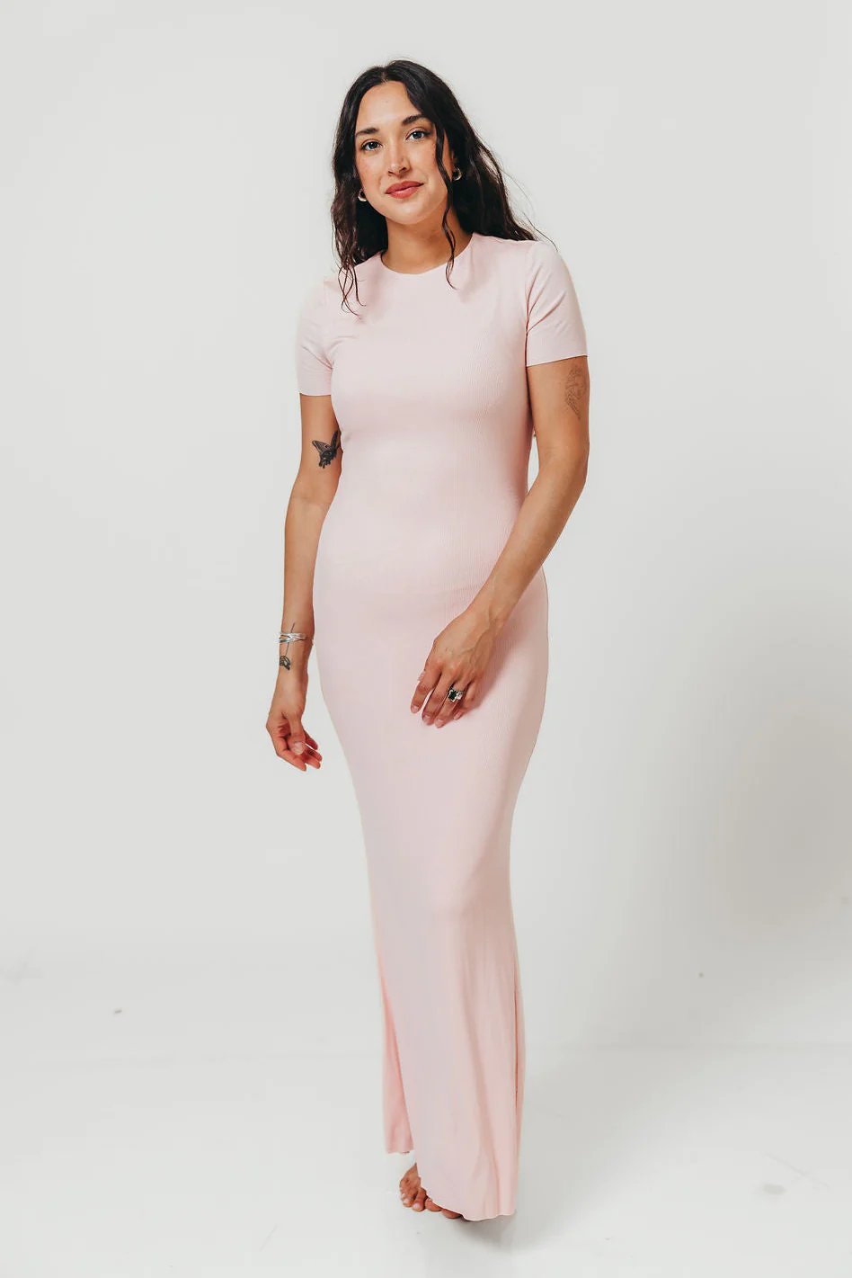 The Charlie Ribbed Maxi Dress in Baby Pink - Bump Friendly - Image 2