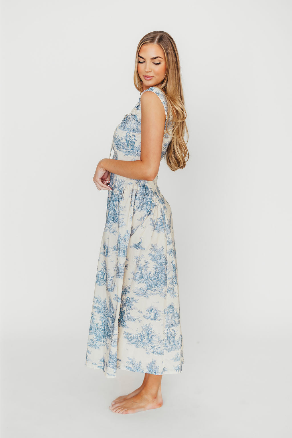 Skyla 100% Cotton Toile Midi Dress with Tie in Blue - Image 3