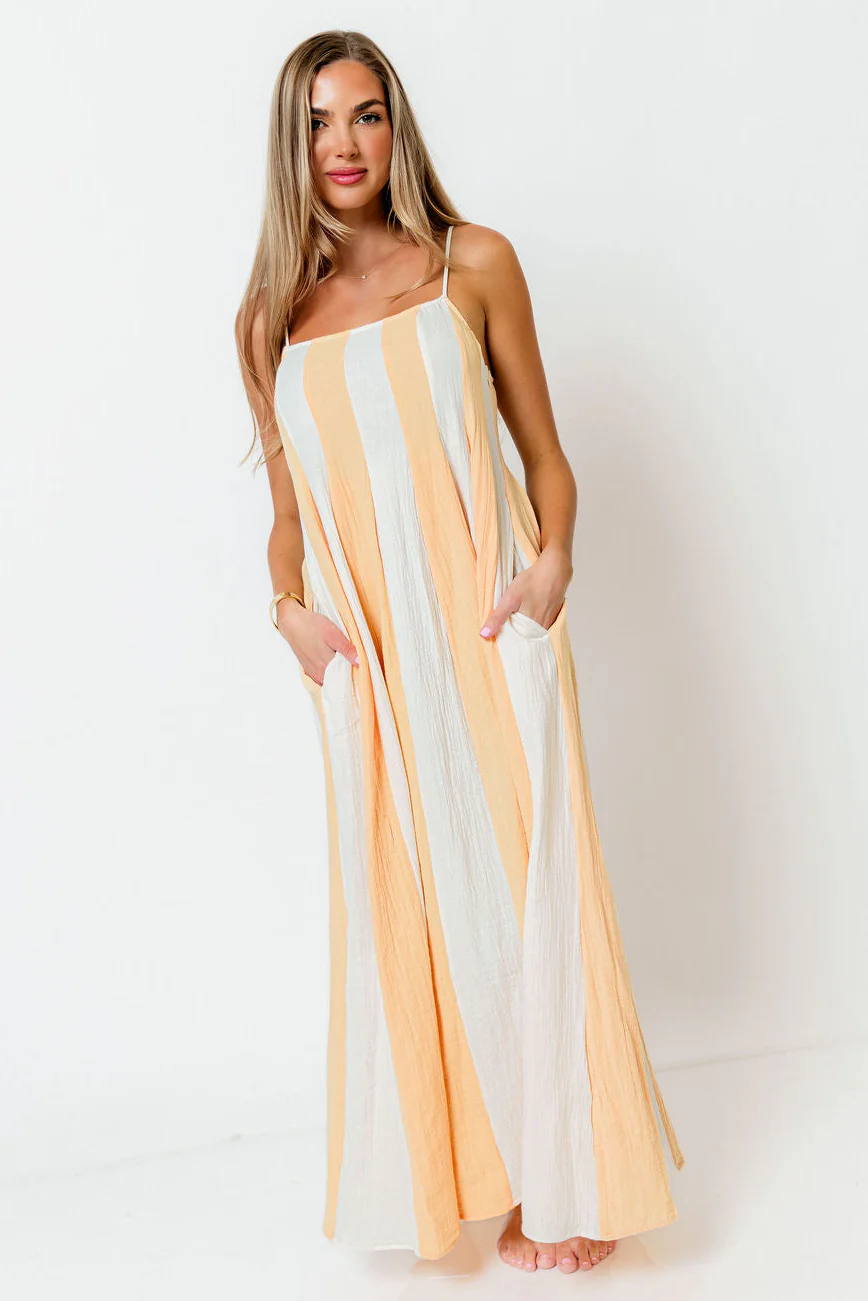 Tristan 100% Cotton Spaghetti Strap Maxi Dress in Cream/Coral