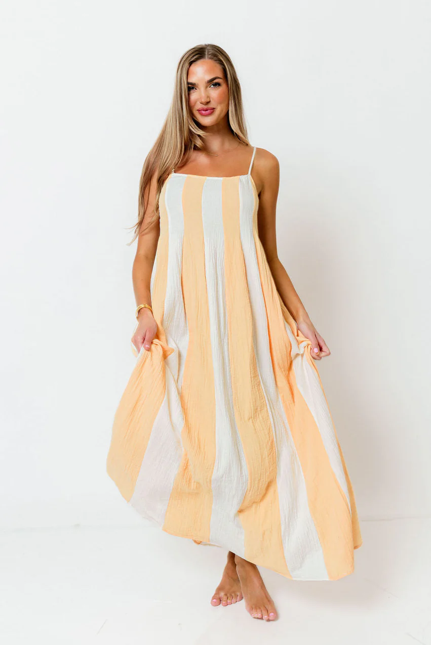Tristan 100% Cotton Spaghetti Strap Maxi Dress in Cream/Coral - Image 4