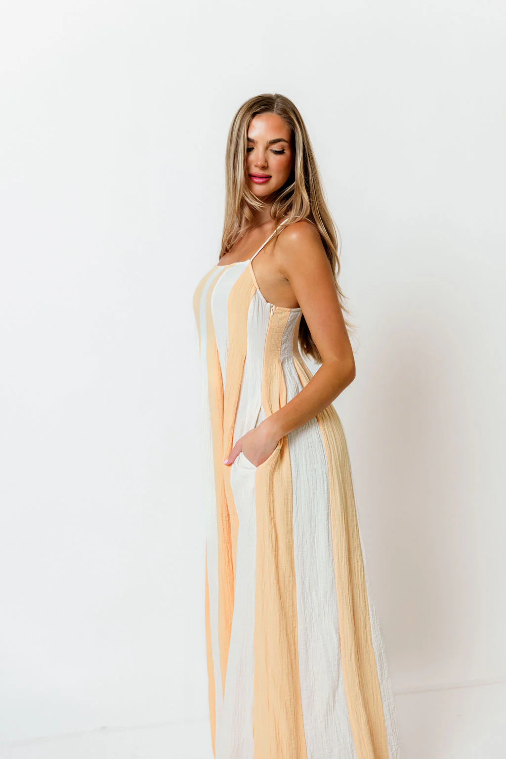 Tristan 100% Cotton Spaghetti Strap Maxi Dress in Cream/Coral - Image 5