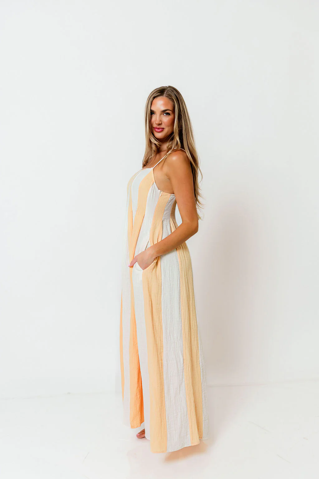 Tristan 100% Cotton Spaghetti Strap Maxi Dress in Cream/Coral - Image 7
