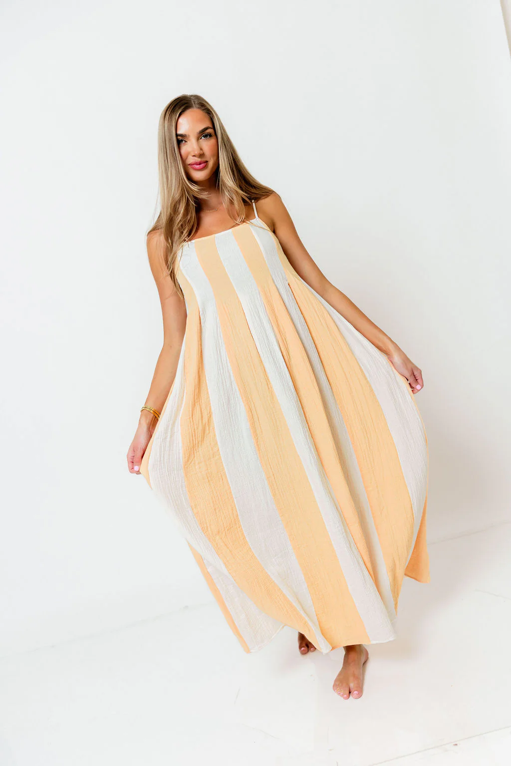 Tristan 100% Cotton Spaghetti Strap Maxi Dress in Cream/Coral - Image 9