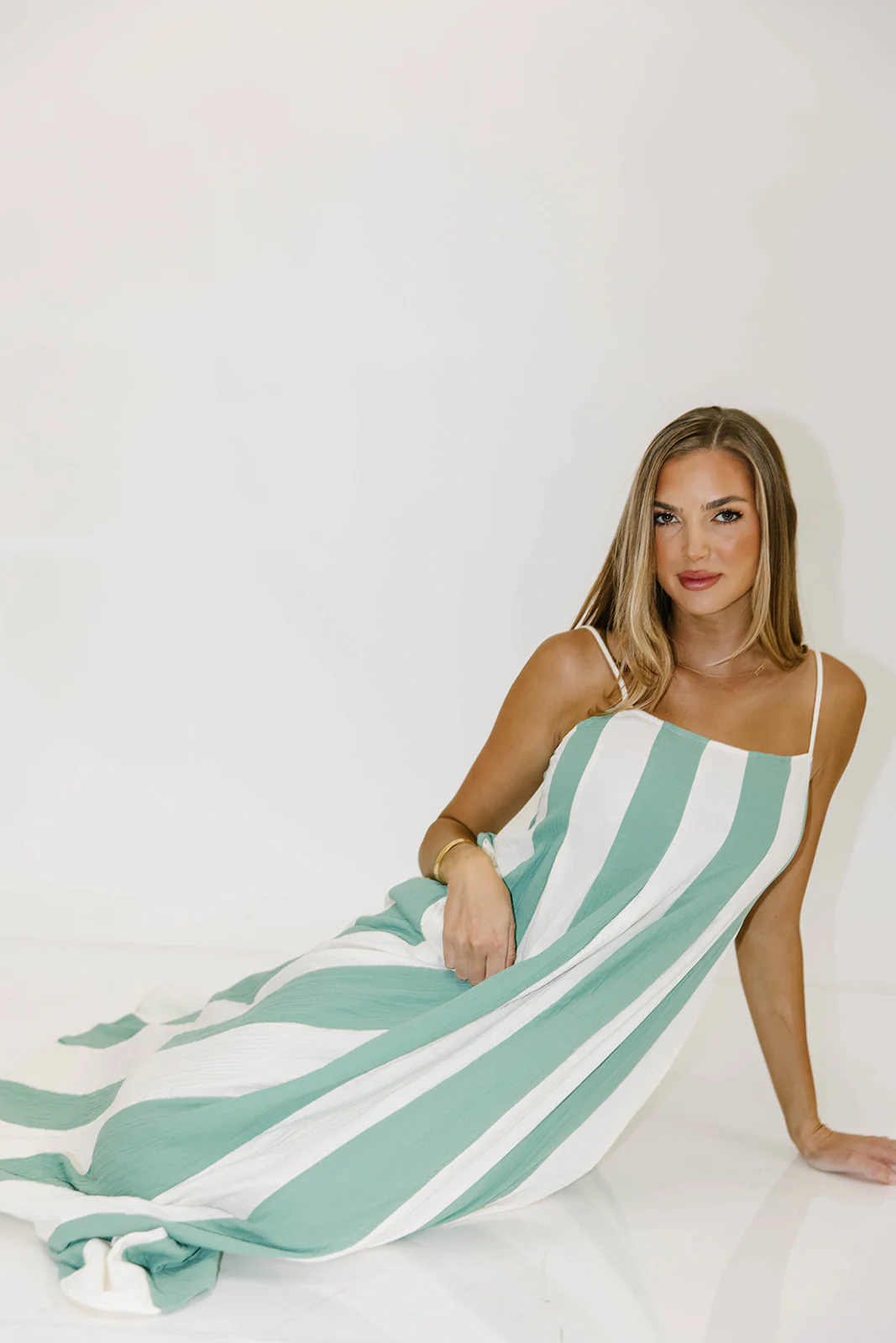 Tristan 100% Cotton Spaghetti Strap Maxi Dress in Cream/Green - Image 11