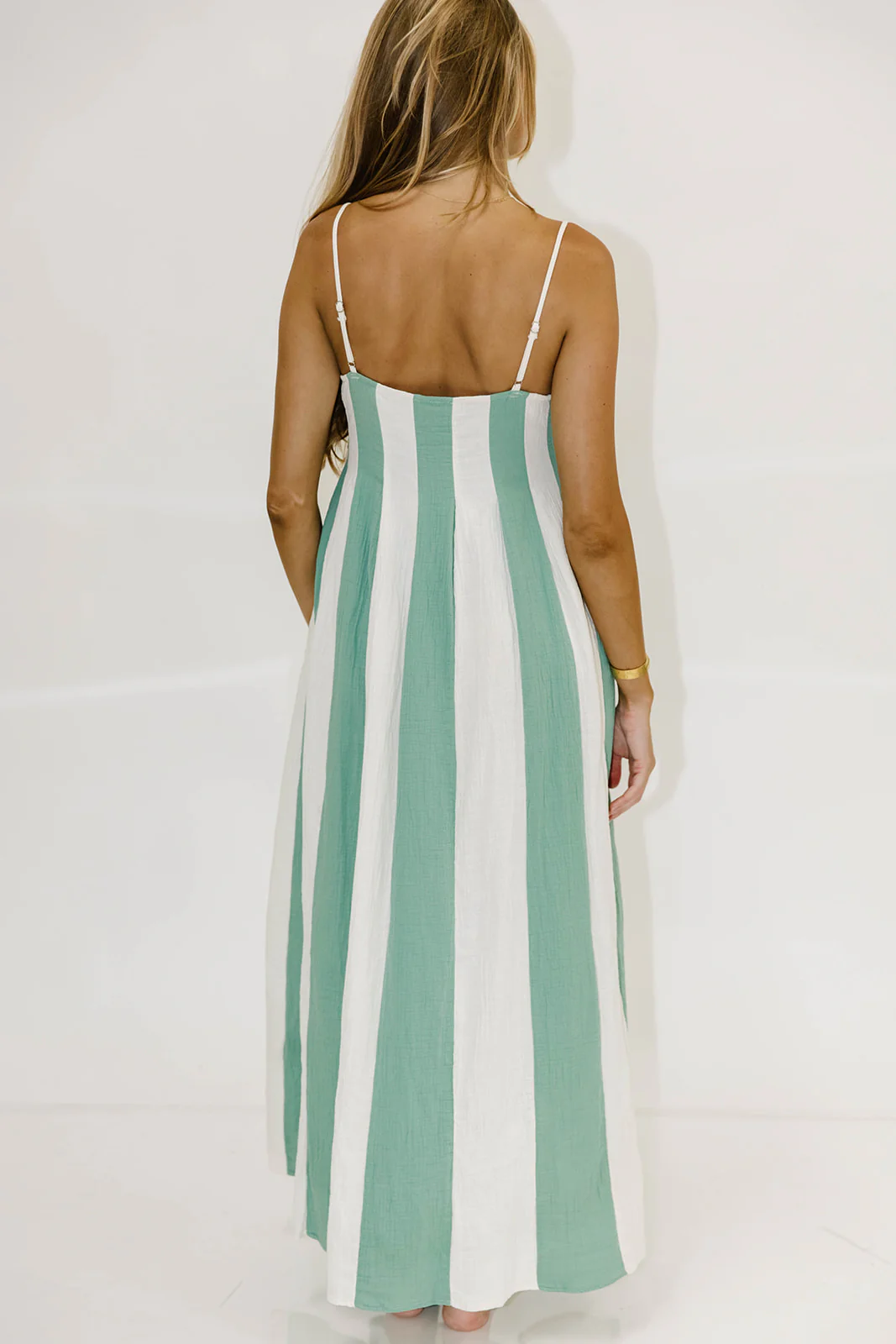 Tristan 100% Cotton Spaghetti Strap Maxi Dress in Cream/Green - Image 12
