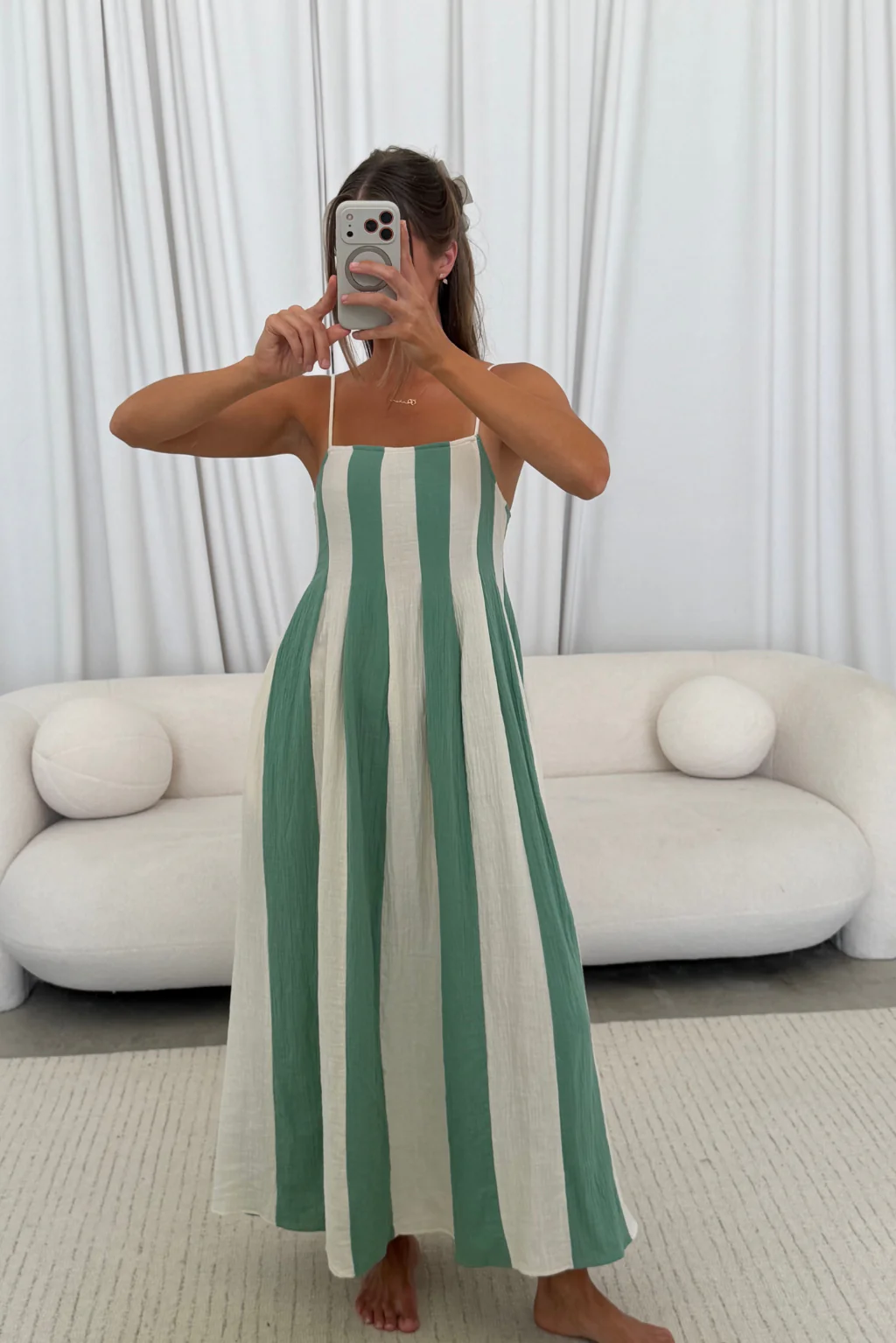 Tristan 100% Cotton Spaghetti Strap Maxi Dress in Cream/Green - Image 13