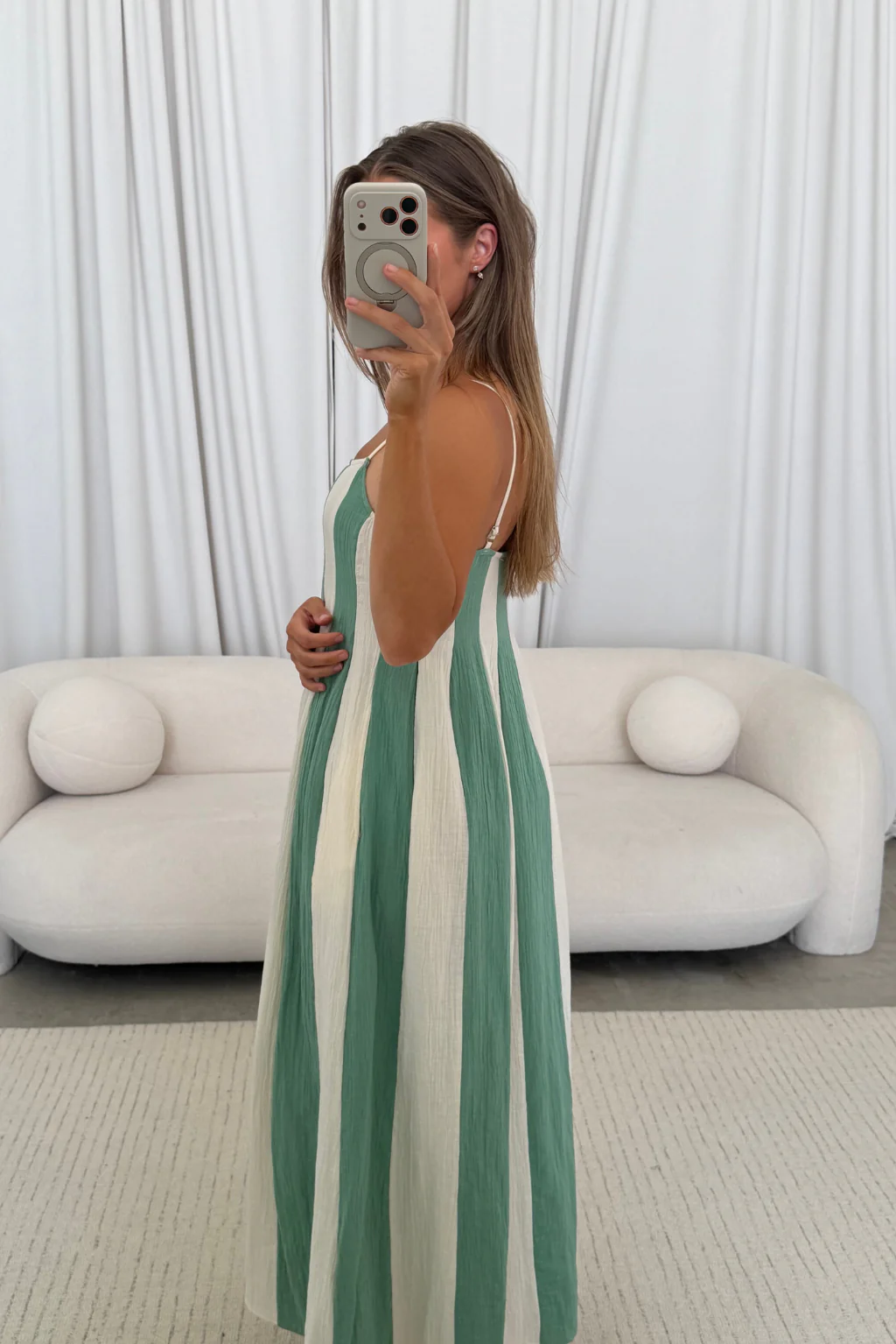 Tristan 100% Cotton Spaghetti Strap Maxi Dress in Cream/Green - Image 15