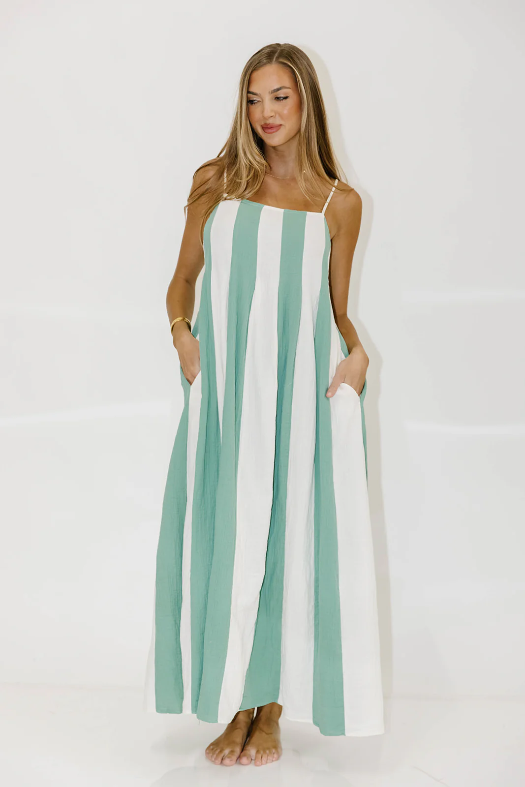 Tristan 100% Cotton Spaghetti Strap Maxi Dress in Cream/Green - Image 6