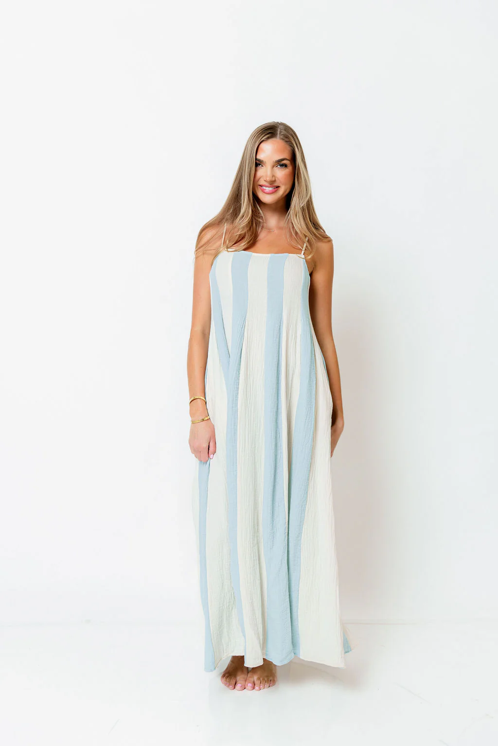 Tristan 100% Cotton Spaghetti Strap Maxi Dress in Cream Light Blue - Image 15