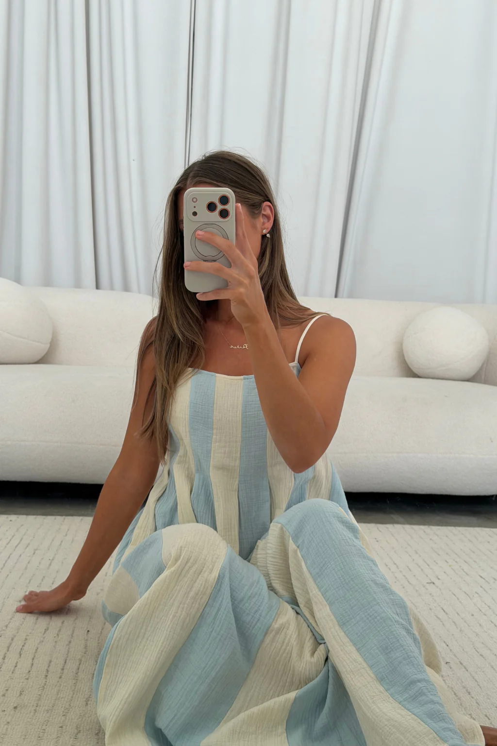 Tristan 100% Cotton Spaghetti Strap Maxi Dress in Cream Light Blue - Image 3