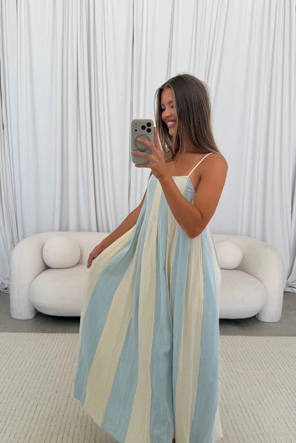 Tristan 100% Cotton Spaghetti Strap Maxi Dress in Cream Light Blue - Image 4