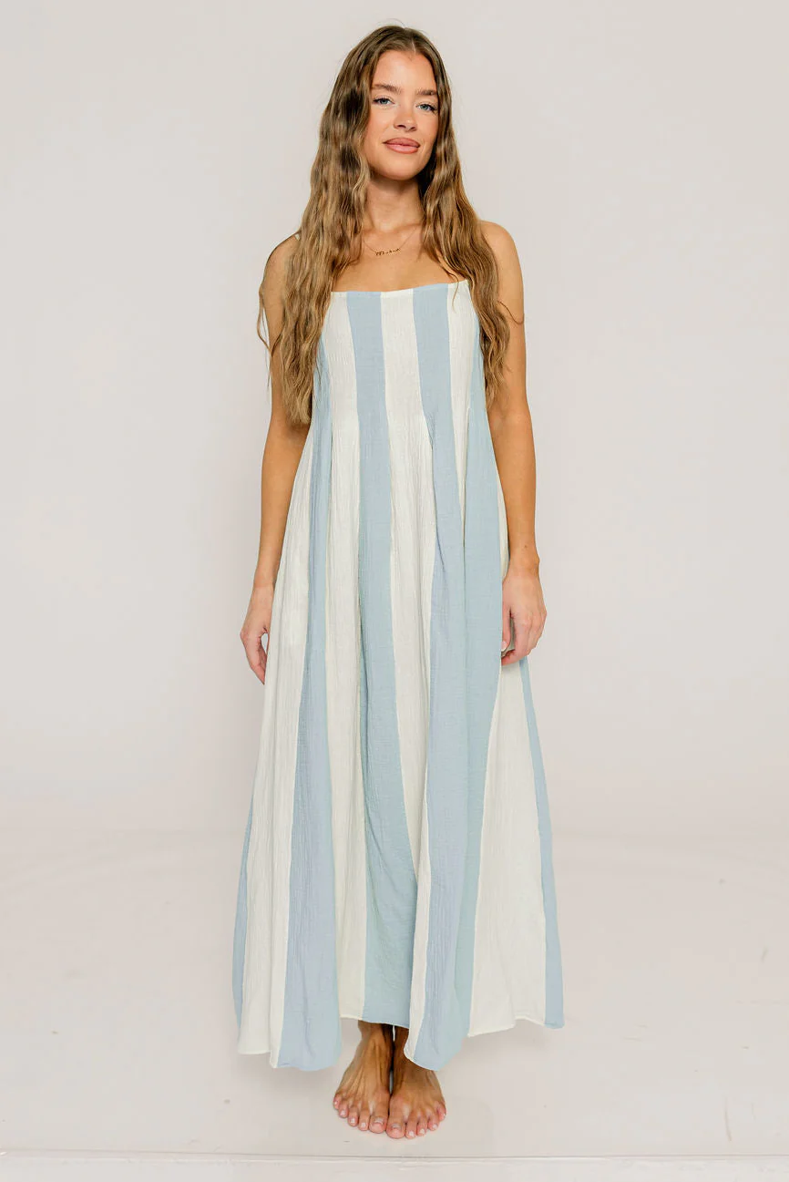 Tristan 100% Cotton Spaghetti Strap Maxi Dress in Cream Light Blue - Image 5