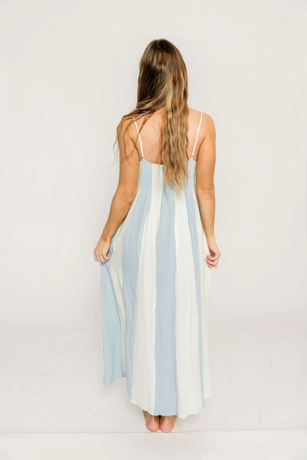 Tristan 100% Cotton Spaghetti Strap Maxi Dress in Cream Light Blue - Image 7