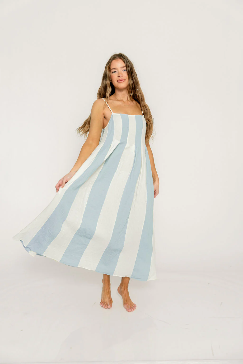 Tristan 100% Cotton Spaghetti Strap Maxi Dress in Cream Light Blue - Image 8