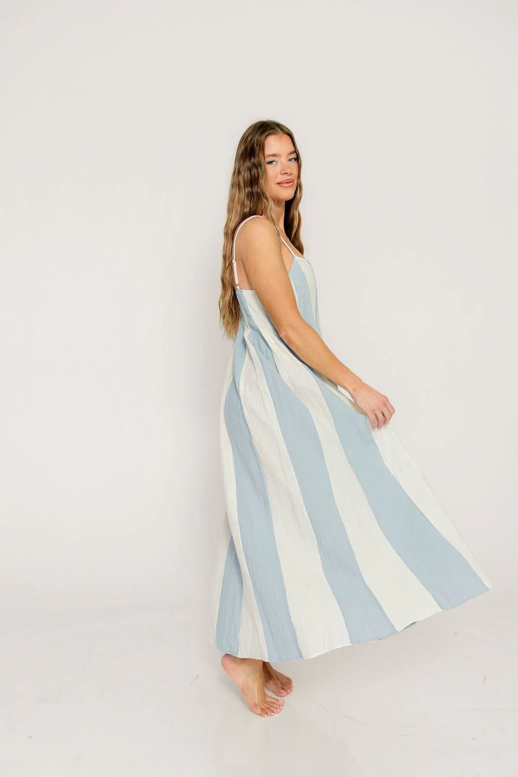 Tristan 100% Cotton Spaghetti Strap Maxi Dress in Cream Light Blue - Image 9